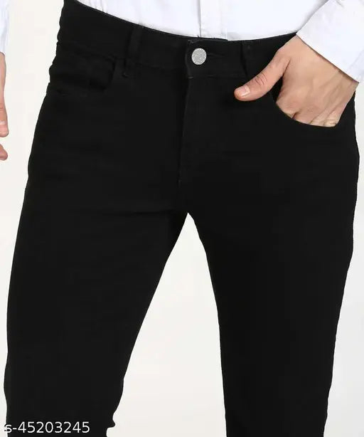 Creatywitty men's slim fit black denim jeans, solid pattern, size 28 (waist 28in, length 30in), made in India