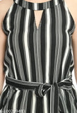 Black & white striped crepe jumpsuit by PREEGO for women, featuring keyhole neck and knot detail, country of origin: India