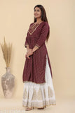 Purple Nyra rayon skirt set with printed net pants, three-quarter sleeves, Indian ethnic wear