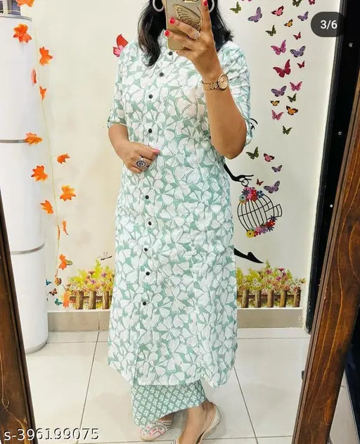 Rayon green cord set: printed net palazzo kurta & bottomwear, short sleeves
