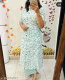 Rayon green cord set: printed net palazzo kurta & bottomwear, short sleeves
