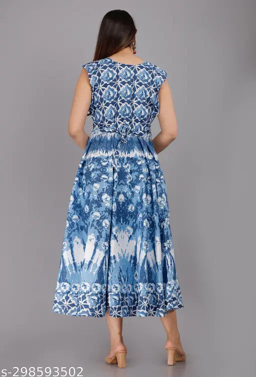 Blue, cotton midi dress for women - perfect for day to night attire. Free size, sleeveless, printed combo design
