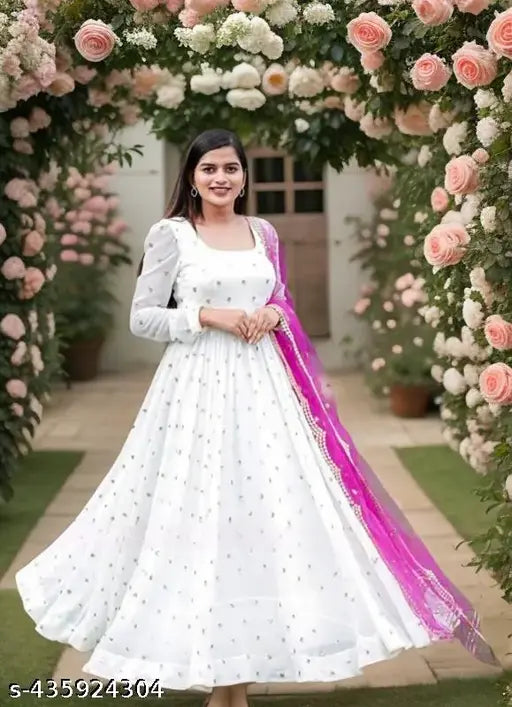 Embellished Georgette Kurti set with dupatta, fancy ebroidered Indian kurta on model