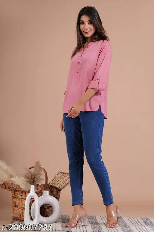 Pink rayon short sleeve solid t-shirt, high-quality comfortable women's tee from India