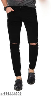 Men's black denim knee-cut jeans, ripped pattern, denim fabric. Stylish and comfortable VYESH trousers with a waist size of 28/30/32 (in) and length size of 41 (in)