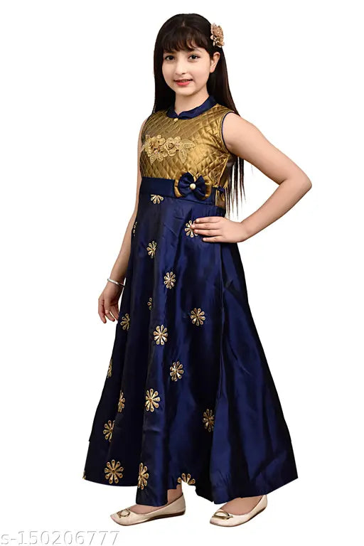 Silk blend sleeveless embroidered net party dress for cute girls (India)