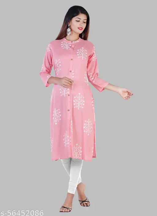 Rayon three-quarter sleeve pink print kurti, Indian fashion for women's M, L, XL, XXL sizes