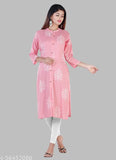 Rayon three-quarter sleeve pink print kurti, Indian fashion for women's M, L, XL, XXL sizes