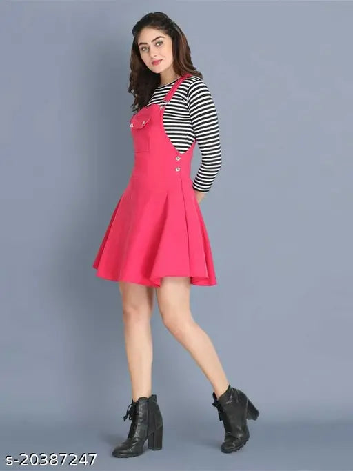 Cotton blend solid pink dungaree jumpsuit for women, three-quarter sleeves, Indian made fashion