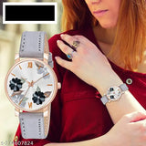 Floral grey-brown leather watch for women & girls, unique analog design in pink shade