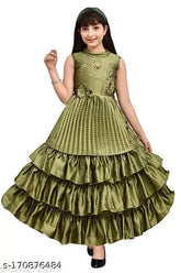 Green silk blend solid pleated gown for girls (pack of 1), stylish kids wear, short western dress in various sizes from 4-5 years to 11-12 years. Perfect for everyday and party wear. Indian-made, comfortable and fashionable