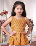 Yellow crepe dhoti and sleeveless top with printed design, solid bottom for children aged 3-4 years or 11-12 years, traditional Indian attire