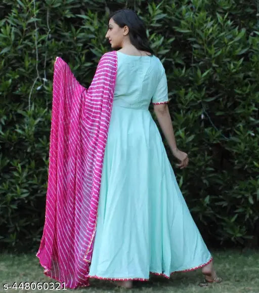 Georgette solid sky gown, short sleeves, Indian handcrafted formal wear for women, size S-XXL