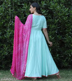 Georgette solid sky gown, short sleeves, Indian handcrafted formal wear for women, size S-XXL