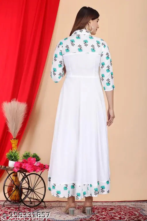 White printed viscose rayon flared kurta with three-quarter sleeves - DARGU Indian ethnic wear, vibrant design on display