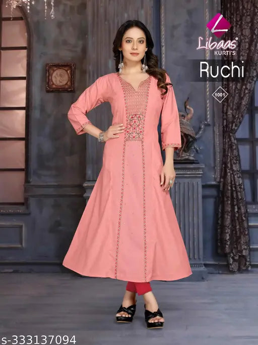 Rayon Anarkali kurti gown with embroidered net three-quarter sleeves, women's fashion from India