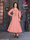 Rayon Anarkali kurti gown with embroidered net three-quarter sleeves, women's fashion from India