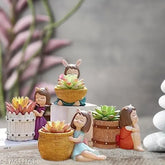 Resin basket girls succulent planter set of 4 (India), decorative multi-colored girl figurine pots with succulents, functional and whimsical resin plant holders