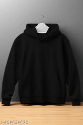Black cotton blend full sleeve hoodie for boys, solid color and long sleeves style
