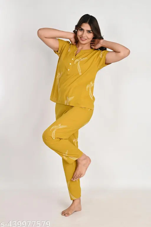 Pure cotton printed nightwear set for women and girls, featuring short-sleeve top and pyjama pants with a flattering fit. Made from high-quality Indian cotton