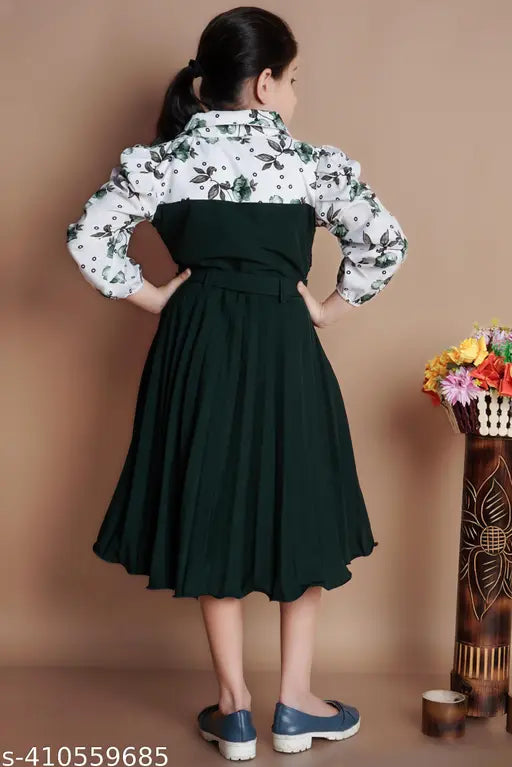 Green crepe party frock with belt for girls (5-6 years to 10-11 years), printed net pattern, India origin