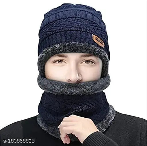 Blue wool slouchy beanie & scarf set, thick-fleece lined, winter cap & neck warmer, windproof for outdoor activities