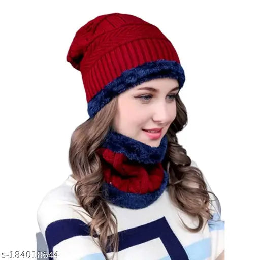 Red woolen beanie cap and cotton gloves set for winter protection, ideal for men & women (Garam Topa)