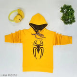 Yellow cotton blend kids hoodie, full sleeve with cartoon printed spider design, suitable for various occasions. Made in India