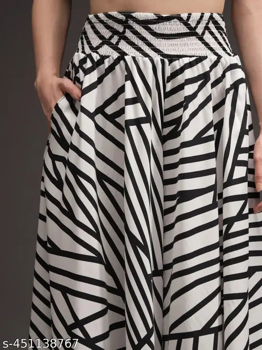 Unique printed net crepe flared Western skirt for women, free size from 28 to 44 waist, trendy palazzo style with elastic waistband