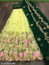 Embroidered taffeta silk and net lehenga choli set with intricate thread work, semi-stitched for a custom fit (Lehenga waist size: 43 in, Lehenga length: 43 in, Dupatta length: 2.5 in), featuring cut work border and inner silk lining, Indian origin