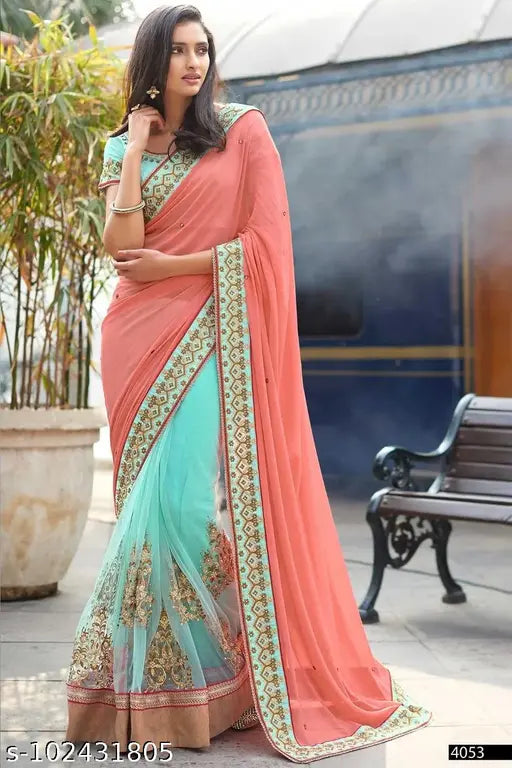 Pink Georgette Rama saree with embroidered blouse, single free size, 5.5m length, India origin