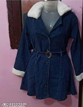Stylish Indian denim fur coat for women, solid pattern, long sleeves
