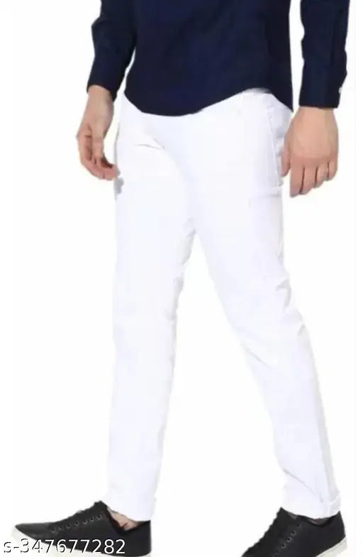 Denim, plain white Mod Men jeans for men. Solid-patterned denims, size 28, 30, or 32. Made in India