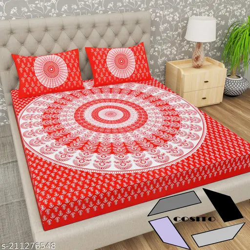Cosito red 144 TC cotton double bedsheet with ethnic motifs pillow covers - Indian-crafted, breathable, summer-ready flat sheets for adults