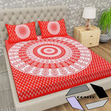 Cosito red 144 TC cotton double bedsheet with ethnic motifs pillow covers - Indian-crafted, breathable, summer-ready flat sheets for adults