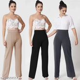 Cotton blend high-rise bellbottom pants combo, textured net pattern, women's trouser for versatile styling (Sizes 26-34)