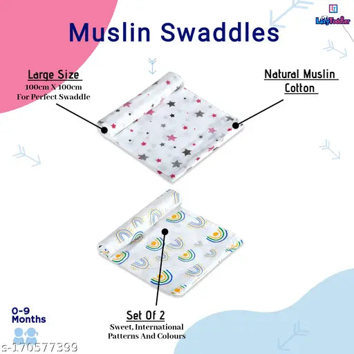 Pink Star & Rainbow organic muslin swaddles (2pc), soft cotton for newborns