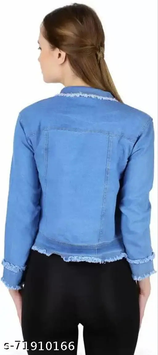 Cotton denim women's jacket, long sleeves, solid pattern, sizes S, L, XL (34in, 38in, 40in) - winter wear for ladies under $199