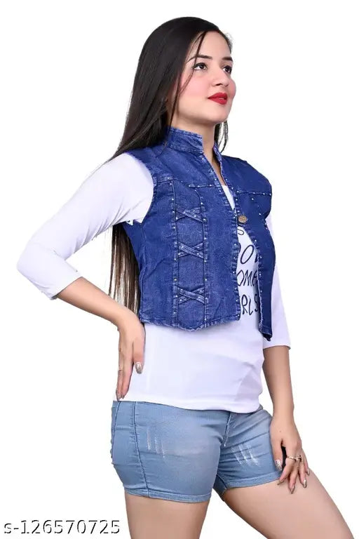 Denim blue Espan hub girl's jacket, short sleeves with t-shirt print - Solid design for 11-16 years old girls. (India origin)