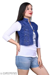 Denim blue Espan hub girl's jacket, short sleeves with t-shirt print - Solid design for 11-16 years old girls. (India origin)