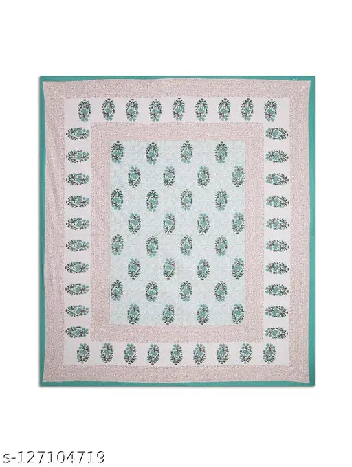 Turquoise 100% cotton Jaipuri traditional double bedsheet with 2 pillow covers, perfect for summer adult use, featuring floral patterns and Indian design trends