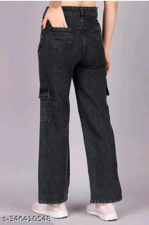Black denim six-pocket cargo for women, embellished net detail, standard size (26-34 waist), made in India