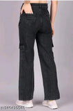 Black denim six-pocket cargo for women, embellished net detail, standard size (26-34 waist), made in India
