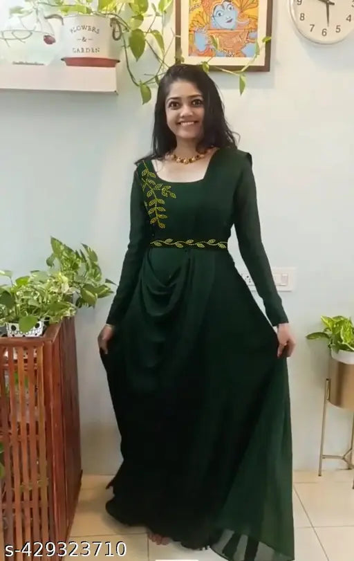Green georgette long sleeve embellished gown with matching dupatta and belt, fox fabric and umbrella flare, ready for shipping from India