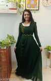 Green georgette long sleeve embellished gown with matching dupatta and belt, fox fabric and umbrella flare, ready for shipping from India
