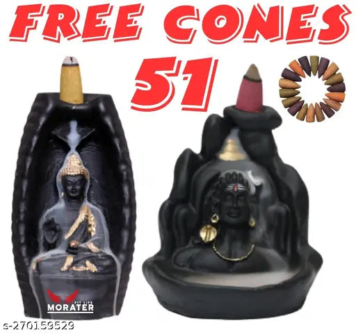 Resin Adiyogi and Tower Buddha smoke backflow showpiece combo, Indian god idols for home decoration with free 51 smoke cones