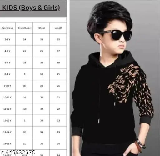 Black cotton boys' hoodie with gold-printed lion on long sleeves, popular fashion for kids aged 6-16 years. Made in India