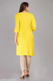 Yellow rayon embroidered kurti, three-quarter sleeves, traditional Indian fashion for women