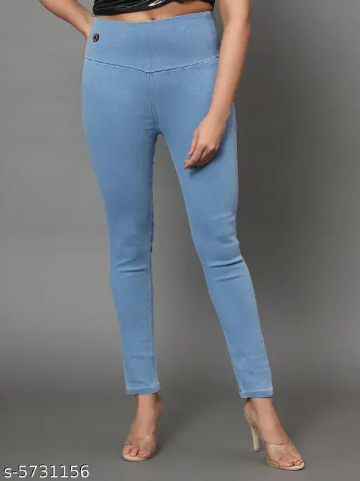 Skyblue denim jeggings with broad belt, high waist and ankle length for women - solid, stretchable fit, size 28, 30, 32, or 36 (Indian origin)