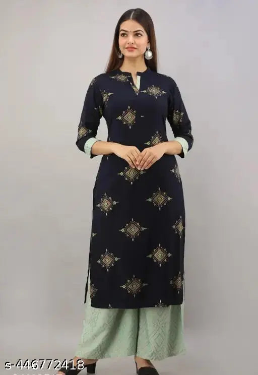 Rayon printed net kurta set for women with palazzo bottoms, three-quarter sleeves, size range from S to XXL, made in India